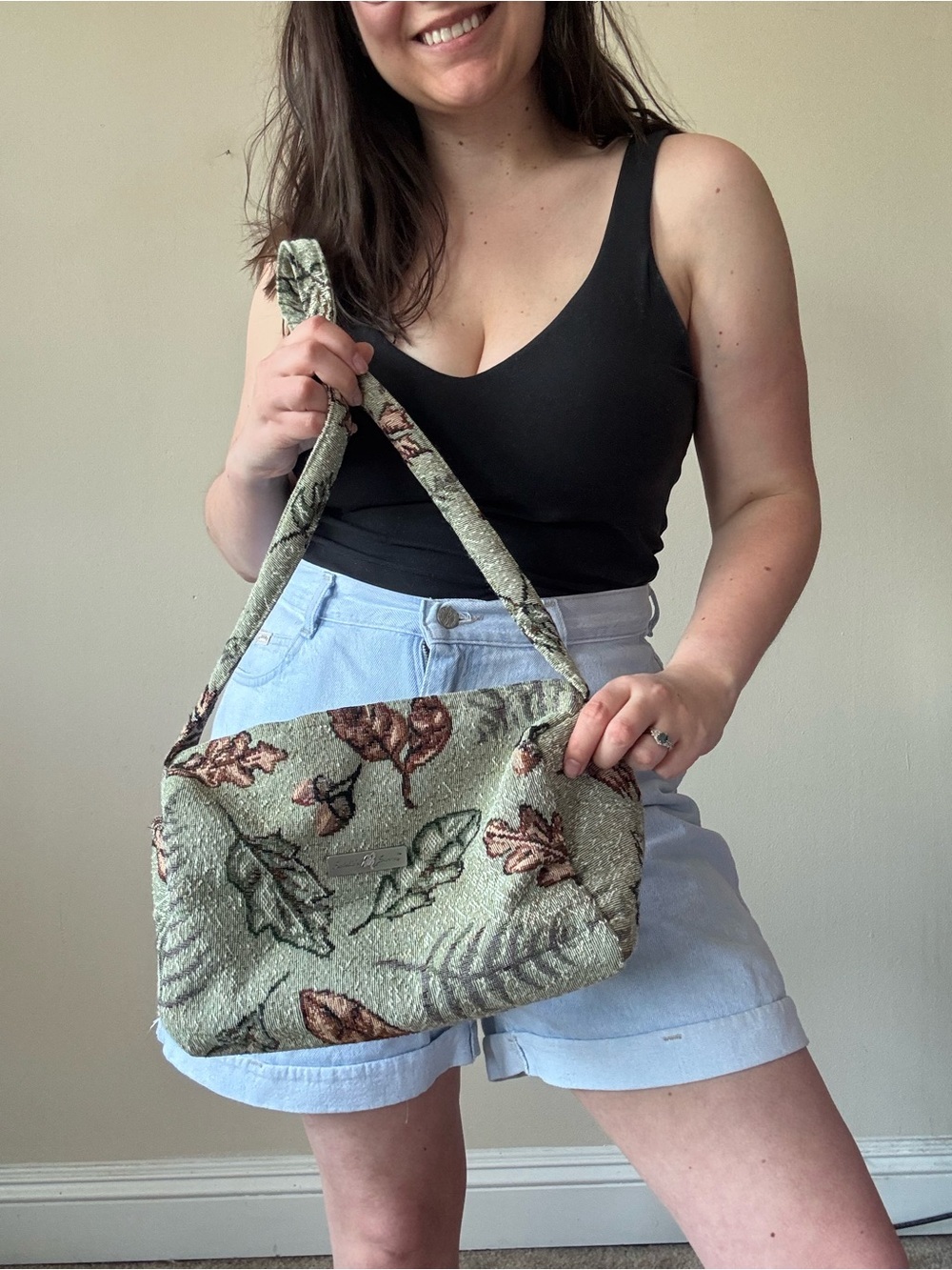 Vintage Tapestry Green Leaf-Print Shoulder Bag